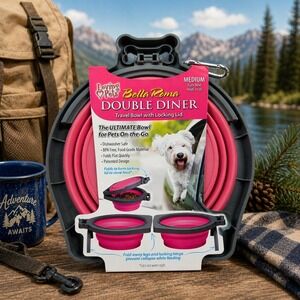 Loving Pets Bella Roma Double Diner Collapsible Pet Travel Bowl Pink Medium 24oz